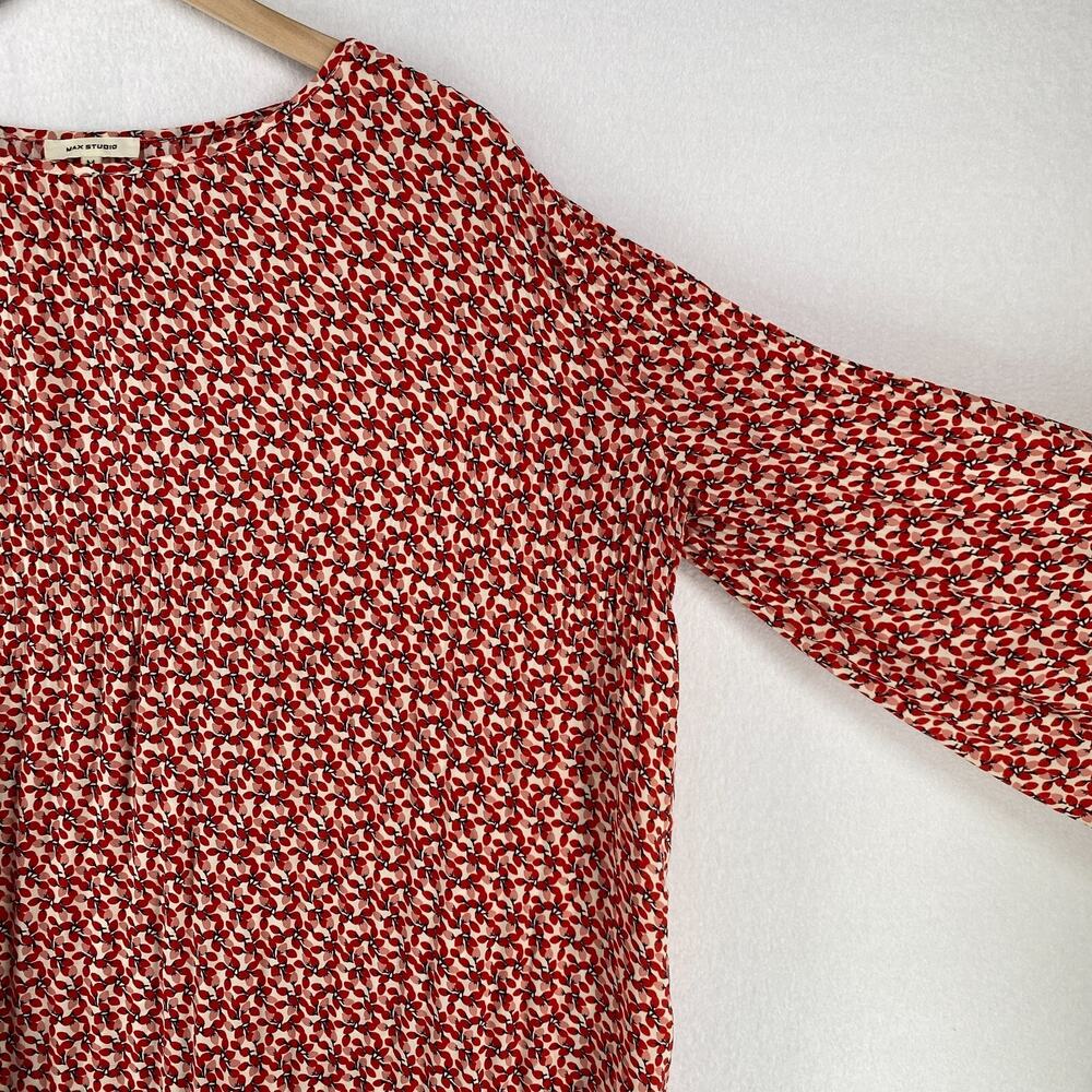 MAX STUDIO Blouse M Peasant Top Boxy Floral Round Neck Flared Sleeve Red - Picture 7 of 13